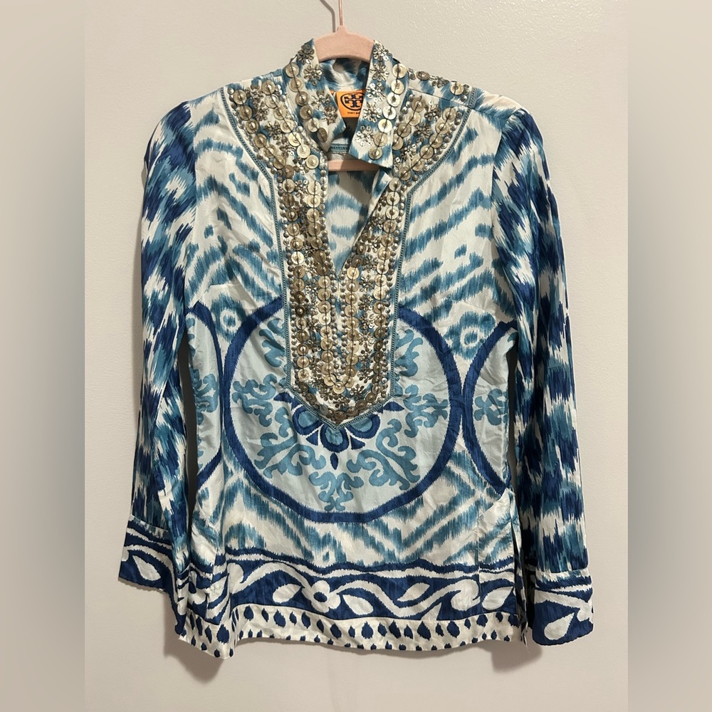 Tory Burch Blue and White Embellished Tunic